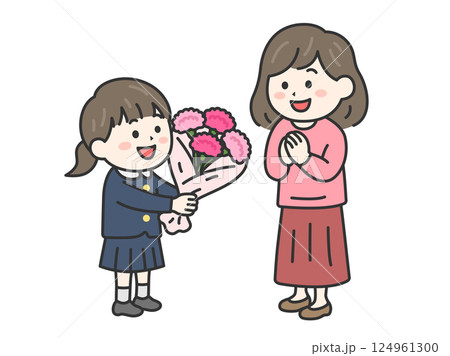 母の日に、カーネーションの花束を母親にプレゼントする、小学生の女の子（線画カラー）のイラスト 124961300