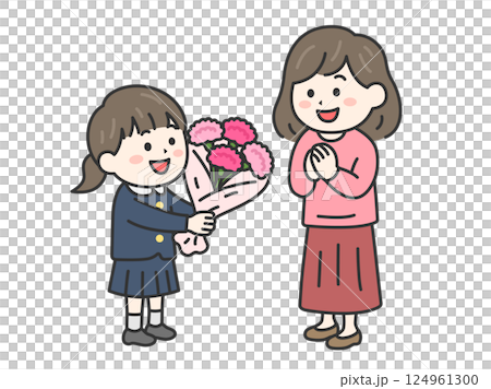 母の日に、カーネーションの花束を母親にプレゼントする、小学生の女の子（線画カラー）のイラスト 124961300
