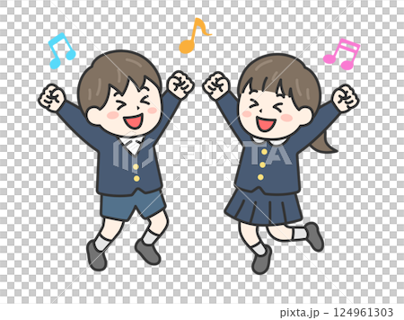 小學男孩和女孩高興地跳起來的插圖（線條畫顏色） 124961303