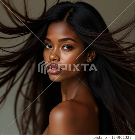 African American beauty with flowing hair. 124961325