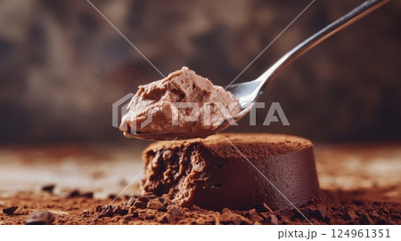 Creamy mousse and glossy chocolate captured mid-scoop, with falling cocoa and editorial food styling 124961351