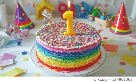 A rainbow-layered birthday cake for kids with sprinkles and number candle, surrounded by confetti, toys, and paper hats in festive setup. 124961368