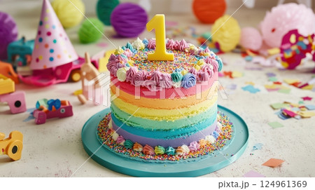 A rainbow-layered birthday cake for kids with sprinkles and number candle, surrounded by confetti, toys, and paper hats in festive setup. 124961369