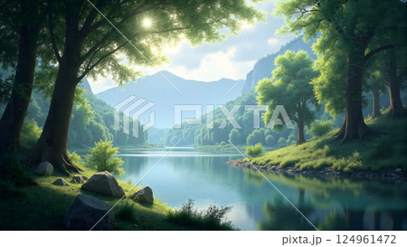 lush green trees along the peaceful river. 124961472