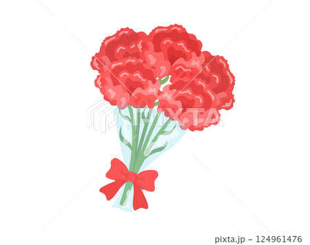 母の日の、リボンの付いた、赤色のカーネーションの花束のイラスト 124961476