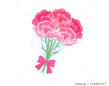 母の日の、リボンの付いた、ピンク色のカーネーションの花束のイラスト 124961477