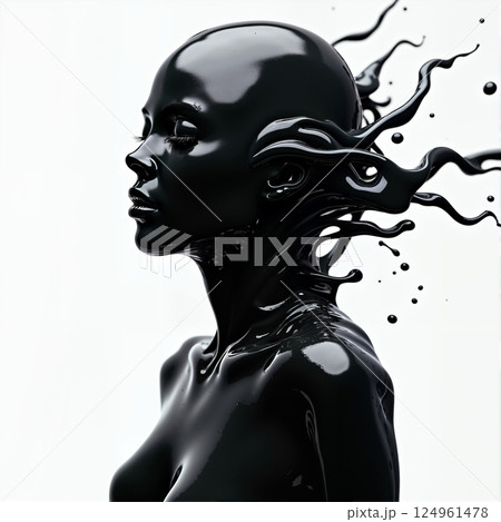 Female profile in black liquid. 124961478