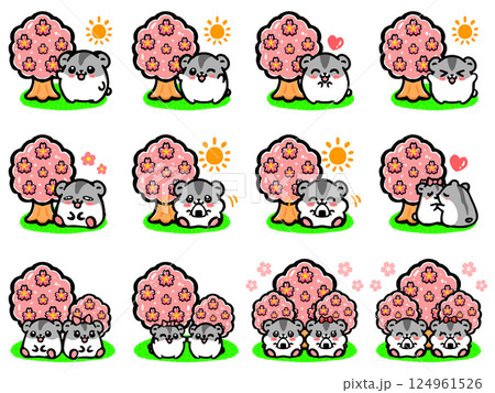 桜の木の下でお花見するハムスターのイラスト素材セット 124961526