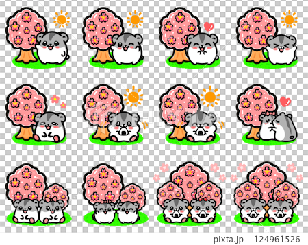 桜の木の下でお花見するハムスターのイラスト素材セット 124961526