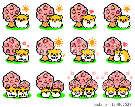 桜の木の下でお花見するハムスターのイラスト素材セット2 124961527