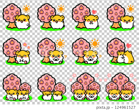 桜の木の下でお花見するハムスターのイラスト素材セット2 124961527