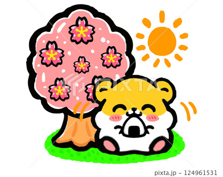 桜の木の下でお花見するハムスターの落書き風イラスト素材2 桜の木の下でお花見するハムスターの落書き風イラスト素材2 124961531