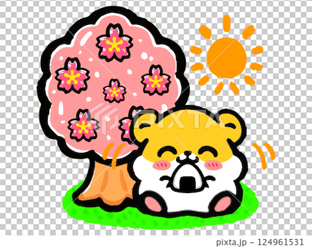 桜の木の下でお花見するハムスターの落書き風イラスト素材2 桜の木の下でお花見するハムスターの落書き風イラスト素材2 124961531
