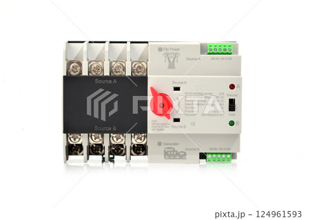 Automatic transfer switch (ATS) for power supply systems, isolated on white background, showing electrical terminals and control panel 124961593
