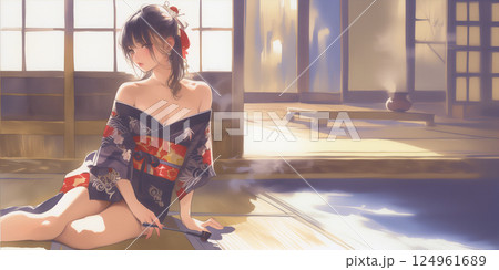 お客を待つ女性。イラスト。水彩画。バナー素材。イラスト素材。 124961689