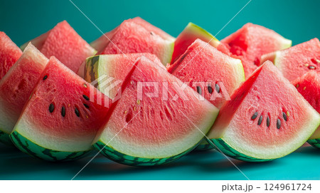 Several close-up slices of watermelon with ripe flesh and seeds are arranged on a bright background 124961724