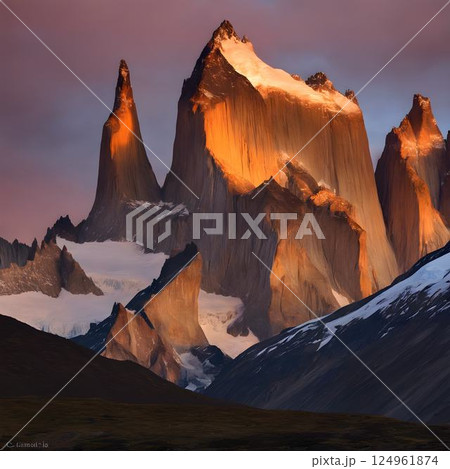 Tranquil Mornings in Patagonia: First Light on the Peaks Tranquil Mornings in Patagonia: First Light on the Peaks 124961874