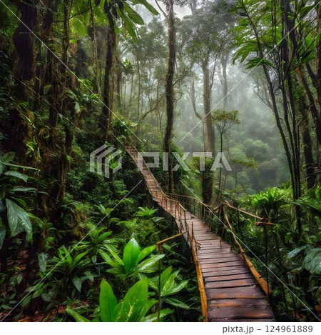 Enchanted Trails: A Misty Wooden Path Through Thailand's Rainforest 124961889