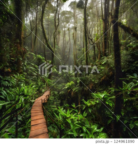 Misty Journeys: Exploring the Wooden Path in Thailand's Lush National Park 124961890