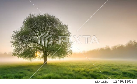 Awakening Spring: A Sunlit Meadow in the Mist 124961905