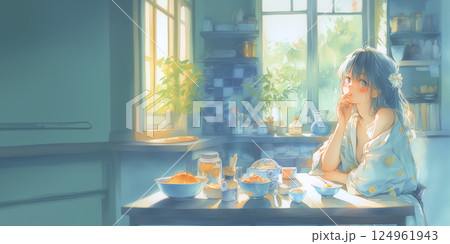 コーヒーを飲みながら物思いにふける女性。イラスト。水彩画。バナー素材。イラスト素材。再瀬素材 124961943