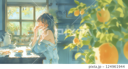 コーヒーを飲みながら物思いにふける女性。イラスト。水彩画。バナー素材。イラスト素材。再瀬素材 124961944