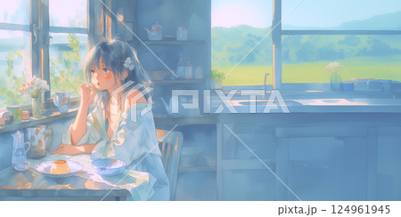 コーヒーを飲みながら物思いにふける女性。イラスト。水彩画。バナー素材。イラスト素材。再瀬素材 124961945