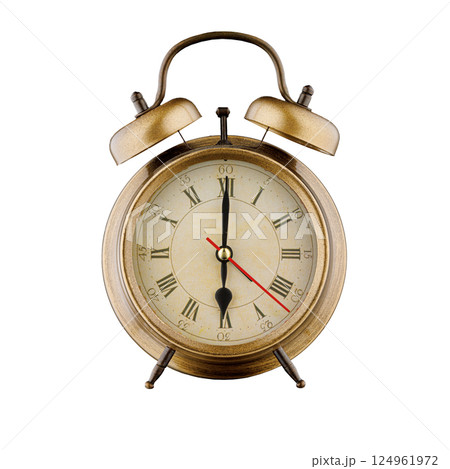 alarm clock, vintage clock with time 6 hours 00 minutes, a.m. 6:00, p.m. 6:00, on isolated white background alarm clock, vintage clock with time 6 hours 00 minutes, a.m. 6:00, p.m. 6:00, on isolated white background 124961972