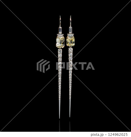 white gold earrings with yellow sapphire stone, diamonds on black background white gold earrings with yellow sapphire stone, diamonds on black background 124962025