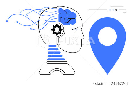 Human head with a brain represented by circuits, gear symbol in ear area, connected to blue GPS location marker, and data lines. Ideal for AI concepts, technological innovation, navigation, digital Human head with a brain represented by circuits, gear symbol in ear area, connected to blue GPS location marker, and data lines. Ideal for AI concepts, technological innovation, navigation, digital 124962201