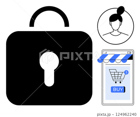 Large black padlock symbol, profile of a woman, and a smartphone screen with a shopping cart and buy button. Ideal for e-commerce, cybersecurity, user protection, online transactions, digital Large black padlock symbol, profile of a woman, and a smartphone screen with a shopping cart and buy button. Ideal for e-commerce, cybersecurity, user protection, online transactions, digital 124962240