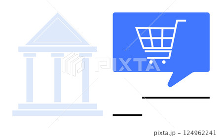 Shopping cart in blue speech bubble next to building with columns. Ideal for e-commerce, online shopping, digital marketing, financial transactions, retail business, economic studies, consumer 124962241