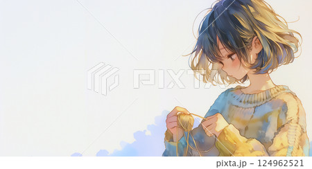 編み物をする女性。イラスト。水彩画。バナー素材。イラスト素材。再瀬素材 124962521