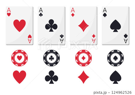 Poker set with aces, poker chips and playing card suits: spades, hearts, diamonds, clubs. Classic flat color vector set 124962526