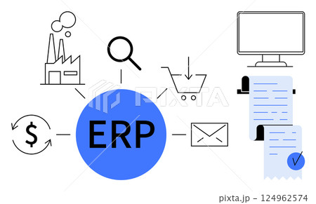 Central blue ERP surrounded by graphics of a factory, magnifying glass, shopping cart, dollar sign, envelope, computer, and documents. Ideal for business, technology, finance, supply chain 124962574