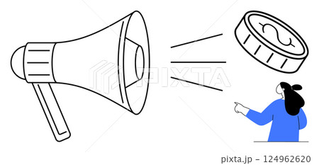 Megaphone amplifying sound towards a dollar coin next to a person pointing. Ideal for business, advertising, marketing, financial communication, and promotional campaigns. Simple design style 124962620