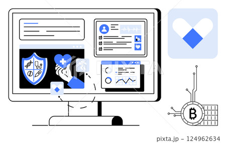 Computer screen displays medical icons, charts, and a healthcare hand holding a heart icon. Ideal for telemedicine, health technology, digital health records, blockchain in healthcare, and remote 124962634