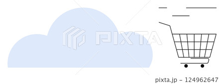 Outline shopping cart beside a light blue cloud. Ideal for digital commerce, online shopping, cloud storage, e-commerce platforms, and internet security. Minimalist vector design style 124962647