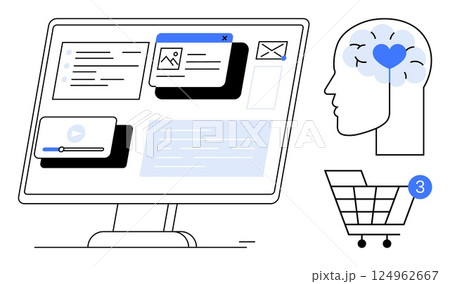 Computer monitor displaying web interface elements and notifications. Human brain with a heart represents mental engagement. Shopping cart with item counter. Ideal for technology, e-commerce, mental 124962667
