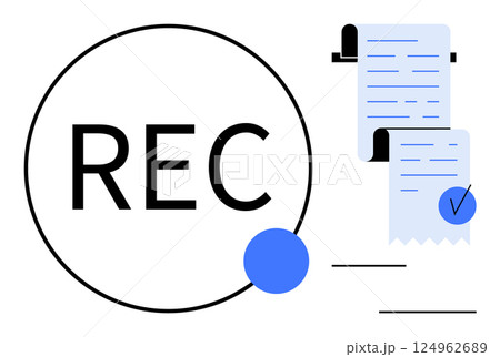 Large circle with REC label symbolizing recording, a long paper checklist with multiple lines, and a blue check mark indicating task completion or tracking. Ideal for productivity, project Large circle with REC label symbolizing recording, a long paper checklist with multiple lines, and a blue check mark indicating task completion or tracking. Ideal for productivity, project 124962689