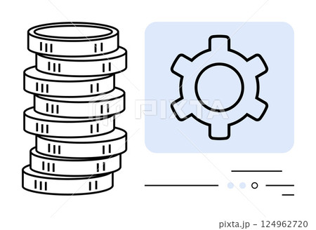 Stack of coins beside a gear icon representing economic mechanisms and financial systems. Ideal for finance, business, economy, investment, banking, technology, and automation contexts. Line metaphor 124962720