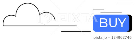 Cloud outline and blue Buy button with motion lines indicating speed. Ideal for e-commerce, online shopping, cloud services, speed optimization, technology marketing, web design, customer experience 124962746