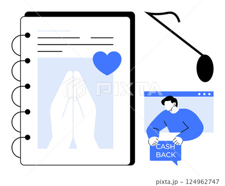 Notebook page with lines and praying hands symbol, blue heart icon, spoon, and person offering cash back in front of a browser window. Ideal for spirituality, finance, cooking, mindfulness, and web Notebook page with lines and praying hands symbol, blue heart icon, spoon, and person offering cash back in front of a browser window. Ideal for spirituality, finance, cooking, mindfulness, and web 124962747