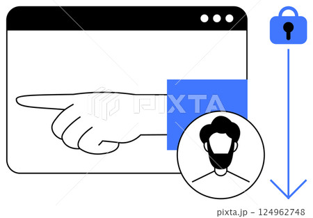A hand pointing to the left inside a browser window. Below is a user profile icon and a downward blue arrow leading to a secure lock icon. Ideal for web design, user interfaces, navigation 124962748