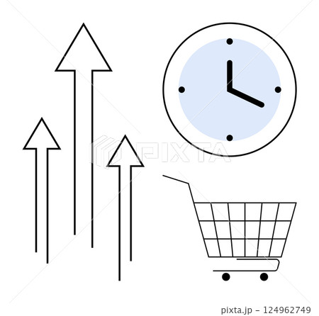 Three upward arrows, a clock, and a shopping cart outline represent growth, efficiency, punctuality, and consumerism. Ideal for business trends, productivity, online shopping, time management, market 124962749