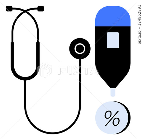 Stethoscope connected to glucometer above percentage symbol signifying medical analysis and healthcare assessment. Ideal for medical diagnostics, patient care, healthcare services, health education 124962891