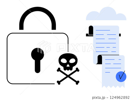 A padlock and a skull symbol indicate security and threat and warning next to a document with a verified checkmark. Ideal for cyber attacks, online security, data protection, secure documents A padlock and a skull symbol indicate security and threat and warning next to a document with a verified checkmark. Ideal for cyber attacks, online security, data protection, secure documents 124962892