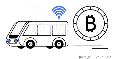 Modern bus equipped with wireless symbol and large Bitcoin logo for digital payments. Ideal for transportation, technology, digital payments, smart city, cryptocurrency, convenience, and innovation 124962902