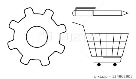 Three outlined symbols a gear, a shopping cart and a pen are presented in a minimalist style Ideal for business, shopping, engineering, productivity, and office themes 124962903