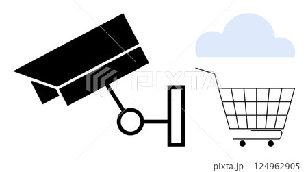 A black security camera icon faces a shopping cart icon with a blue cloud above it. Ideal for online shopping security, cloud technology, retail surveillance, cybersecurity, e-commerce innovations 124962905